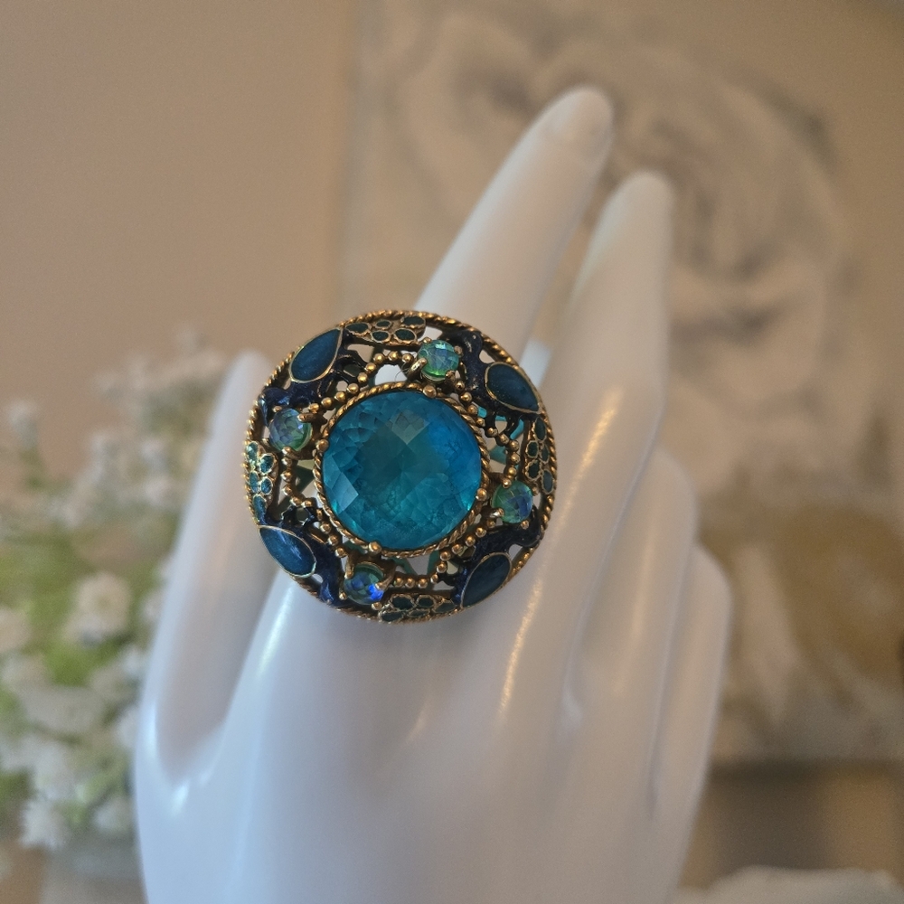 Sajen Blue Quartz Peacock Design Enamel High Ballerina-style Gold Cocktail Ring